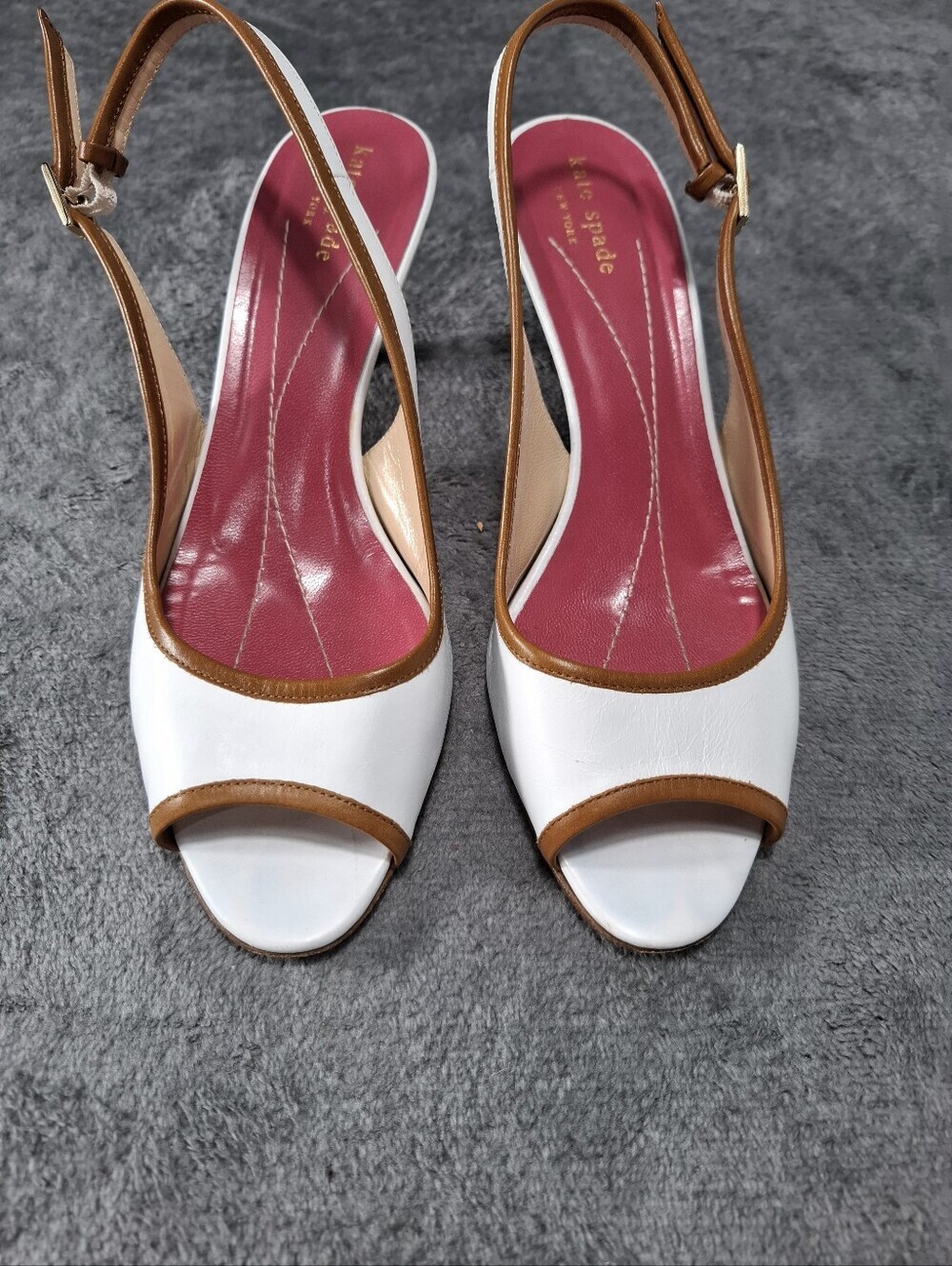 kate spade White Peep-Toe Slingback Heels with Tan Trim and Pink Insole Sz 8.5 - Picture 3 of 14